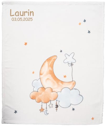 Wolimbo Babydecke - 75x100cm - Motiv Mond und Sterne - personalisierbar - Krabbeldecke mit Wunsch Name/Motiv - Kinderdecke - Geschenk zur Taufe, Geburt, Geburtstag