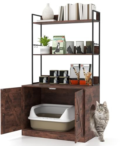 COSTWAY Meuble Litiere Chat, 3 Étagères de Rangement, 4 Crochets, Maison pour Chaton à 2 Portes, Entrée Latérale, Barrières Latéraux et Arrière, Maison de Toilette Chat, 80 x 48 x 145 cm (Industriel)
