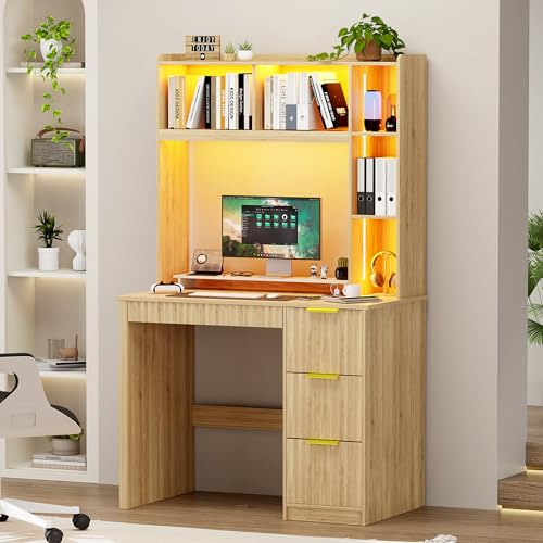 Gurexl 5-Tier Office Desk with 2 Power Outlet for Home Office,Natural | 168 CM Computer Table with 3 storage drawers and LED，wood Bookshelf with USB for Studying, working