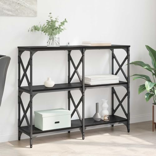 Bucmath Table Console chêne Noir en Bois d ingénierie 100 x 28 x 80,5 cm avec 3 étagères, Cadre en Acier pour Hall entrée Couloir Rangement