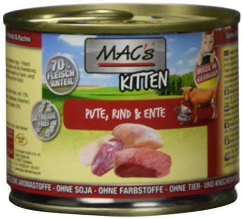 Mac's Katzenfutter getreidefrei Kitten Pute, Rind, Ente, 6er Pack (6 x 200 g)