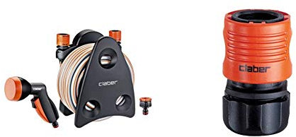 Claber 77304-10 Carrello Avvolgitubo, Nero & 7724025 Raccordi Rapidi per Gomma, 1/2F