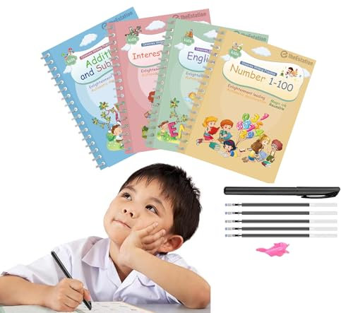 Magic Ink Copybooks for Kids Reusable Handwriting Workbooks for Preschools Grooves Template Design and Handwriting Aid Magic Practice Copybook for Kids The Print Writing (4 Books with Pens)