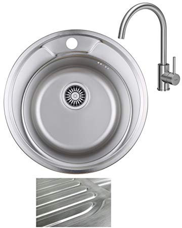 VBChome Fregadero redondo de 49 cm de diámetro con grifo – Fregadero empotrable de acero inoxidable satinado – Fregadero de cocina a partir de 45 cm para armario bajo – Incluye sifón y desagüe