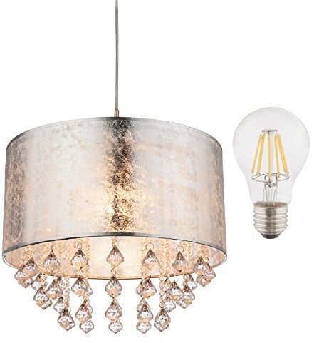 Hängelampe Esstisch Modern mit LED - Hängeleuchte Vintage Wohnzimmer - Pendelleuchte 1 Flammig E27 - Pendellampe Grau Metallic Stoff - Kristall Silber Diamant Design Ø 40 cm