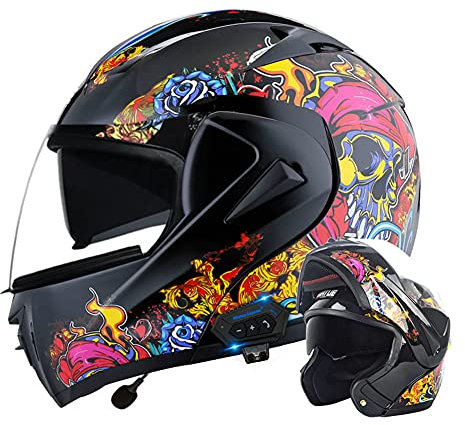 Bluetooth Motorradhelm Flip Up Modular Erwachsene Motorradhelme Integralhelm Crash Motocross Helm Pirate Skull Head Doppelvisiere Anti-Fog-Linse Racing Moped Helm ECE-zugelassen (A,S(55~56 cm))