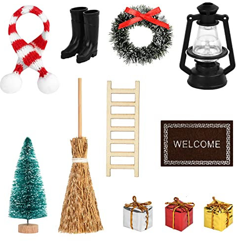 EKKONG Miniatur Wichtel Set Weihnachten Puppenhaus Zubehör Miniatur Puppenhausmöbel Mini Haus Ornament Stiefel Laterne Weihnachtsbaum Holzleiter Wichtelbesen Wand Türwand hängende (A)