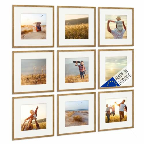 PHOTOLINI Bilderrahmen Holz 30x30 Eiche mit Passepartout, Holzbilderrahmen Made in EU, 9er Set, bruchsicheres Acrylglas, zum Aufhängen, quadratisch, extra Zubehör - für Ihre liebsten Fotos & Bilder