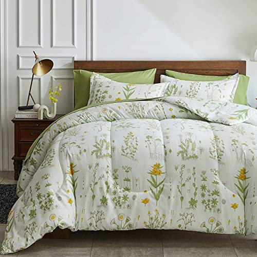 Lanqinglv Bettdecke 155x220cm Ganzjahresdecke 4 Jahreszeiten,Weiß Grün Blumenmuster Steppdecke für Allergiker Zudecke Schlafdecke Duvet 155x220 mit 1 Kissenbezug 80x80cm