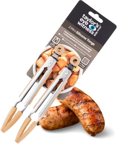 Taylors Eye Witness 2 Small Steel Peach Silicone Tongs - Dishwasher Safe. Sturdy Build, Non-Scratch Heads, Convenient Locking Mechanism. Odour, Stain & Heat Resistant (260°C/500°F). 5 Year Guarantee