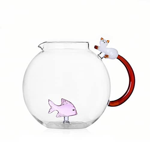 Ichendorf Milano Krug, Rosa Fisch und Weiße Katze, Kollektion Tabby Cat, 240 cl, Borosilikatglas, Handgefertigt