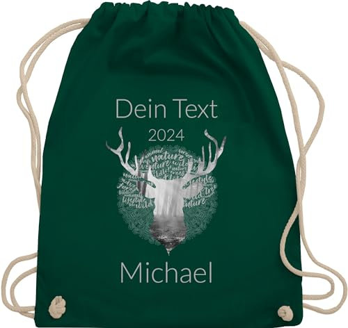 Turnbeutel Rucksack - Kompatibel Oktoberfest - Tag Cloud - Hirsch und Name in Silbergrau - Unisize - Dunkelgrün - trachten-tasche bayern beutel trachtenrucksack bayerisch stoffbeutel