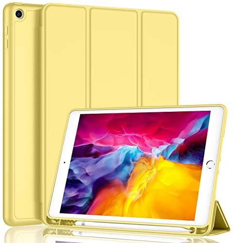 iMieet iPad 9.7 Hülle (Modell 2018/2017, 6./5. Generation), Smart Cover mit Stifthalter und weicher Babyhaut Silikon Rückseite und Ganzkörperschutz, Auto Wake/Sleep Cover (Gelb)