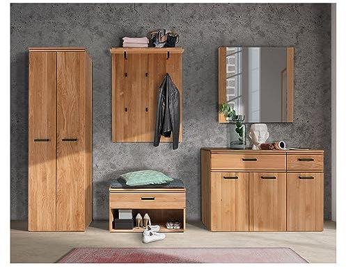 Lomadox Garderoben Set inkl. Spiegel Dielenschrank Garderobenpaneel Bank Sideboard in Eiche massiv geölt, B/H/T: ca. 300/200/39 cm