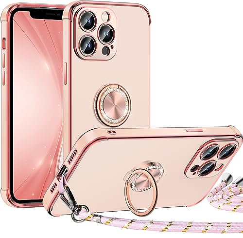 Miss Arts für iPhone 12 Pro Hülle mit Band, Ring Ständer Handykette Handyhülle Frauen Mädchen Dünn Stoßfeste Schutzhülle für iPhone 12 Pro Case Rosa