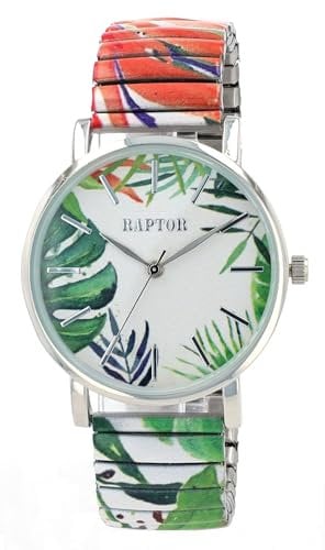 Raptor Colorful Edition Ø36mm Damen-Uhr Zugband Edelstahl Motiv Bunt Print Analog Quarz (grün orange weiß)