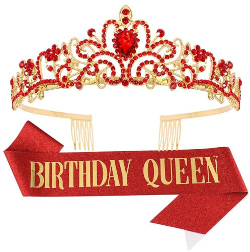 CHTENG Birthday Queen Schärpe und Tiara Strass Krone Stirnband für Geburtstag Party Supplies (Rot)