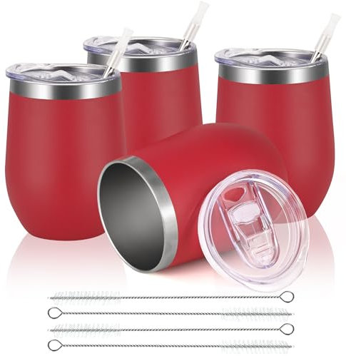 Joymaking 4 Stück Weinbecher Edelstahl, Stemless Weinbecher mit Deckel, Doppelwandige Unbreakable Travel Becher für Milk, Kaffee, Wein, Bier, Champagner, Cocktails, Rot