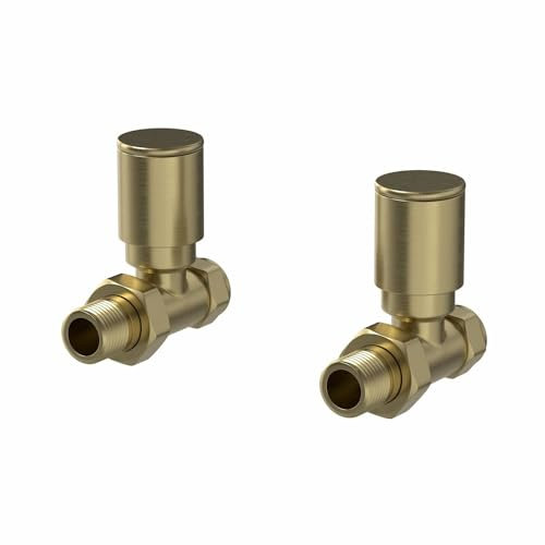 DuraTherm® Manual Straight Towel Radiator Valve Set, 15mm Central Heating Valves for Radiators, Round Brushed Brass