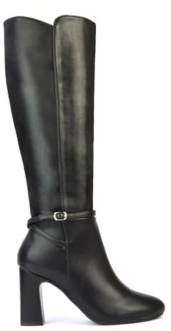 ESSEX GLAM Womens Heeled Boots Ladies Knee High Block Heel Smart Zip Black Faux Leather Winter Smart Long Booties Shoes Size 7