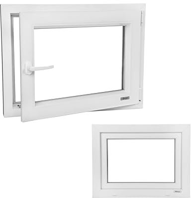 Kunststofffenster PVC Wärmedämmend Fenster Garagenfenster Kellerfenster Billig Günstig Alup Neo Energeto Dreh Kipp 2-Fach Verglasung Innen und Außen Weiss 85x85cm 850x850mm DIN Rechts Hersteller