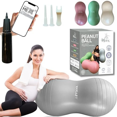 Meex Erdnussball für Schwangerschaft, Arbeit und Physiotherapie, vielseitiger Geburtsball für Bewegung, Yoga, Geburt und Lieferunterstützung, Anti-Burst und dicker Sprungball für Schwangere, Grau (mit