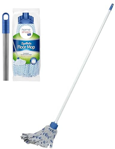 HOMESHOPA Floor Cleaning Mop, Synthetic Cloth Strips Replacement Head & Long Handle, Washable & Highly Absorbent Yellow Stripes and Red Handle, Universal Fit (Cloth Strips with Handle)