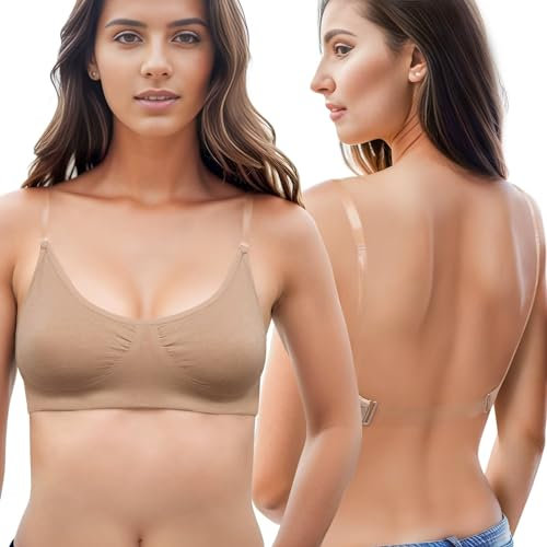 Transparenter Rücken-BH, Rückenfreier BH mit transparenten Trägern, Baumwoll-Tanz-Sport-Bralette für Mädchen und Frauen(D384,Beige,M)