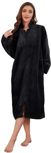 LYCY Damen Plüsch Reißverschluss Bademantel flauschig langer Fleece Morgenantel warm bequem Hausmantel mit Taschen