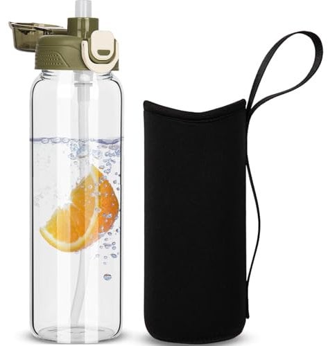 DEARRAY 800ml Glass Water Bottle with Straw & Neoprene Sleeve 0.8l BPA free Glass Drinking Bottle Leakproof