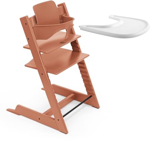Seggiolone Stokke Tripp Trapp (Terracotta) Con Vassoio (Bianco) - Include Sedia, Baby Set 2 per Bambini da 6 a 36 Mesi - Regolabile, Ergonomico e Facile da Pulire
