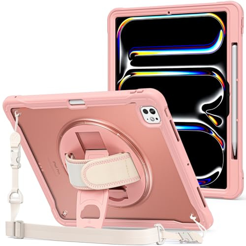 ProCase Stoßfeste Hülle für 13 iPad Pro (M5/M4) 2025/2024, Robuste Schutzhülle mit Handschlaufe 360 Grad Drehständer Kickstand Heavy Duty Cover Case Kompatibel mit 13 Zoll iPad Pro -Pink