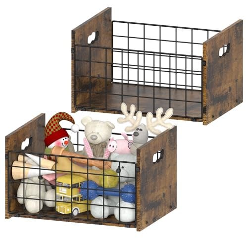 Dog Toy Basket Set of 2, Dog Toy Bin Toy Basket for Dogs Organizer Basket for Pet Toys Metal Basket for Pet Toy Chest for Dogs Metal and Wood Puppy Toy Bin Organizer for Blanket Food, Brown and Black