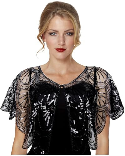 keland 20er Jahre Bolero Jacke Damen Pailletten Umhang Charleston Cape für Abendkleider (Z-Schwarz)