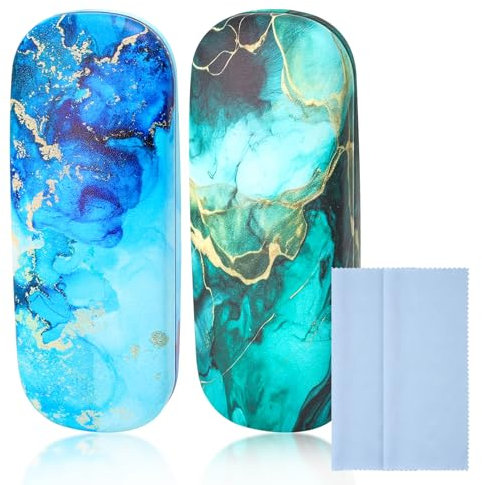 2 Stück PU Leder Brillenetui Hardcase Tragbare, Universal Hardcase Metall Brillenetui, Hartschalen in 2 Farben mit Brillenputztuch, Kratzfeste Klassische Brillenetui für Myopie Alterssichtg Sonnen