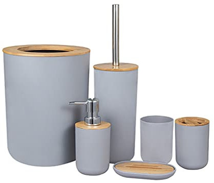 Porte-brosse WC en bois de bambou pour salle de bain/cuisine - Poubelle autoportante - Couleur grise