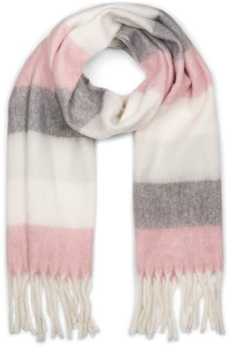 styleBREAKER Damen Web-Strickschal mit breiten bunten Streifen und dicken Fransen - Warmer Winter-Schal, mehrfarbig 01017160, Farbe:Rose-Grau-Weiß