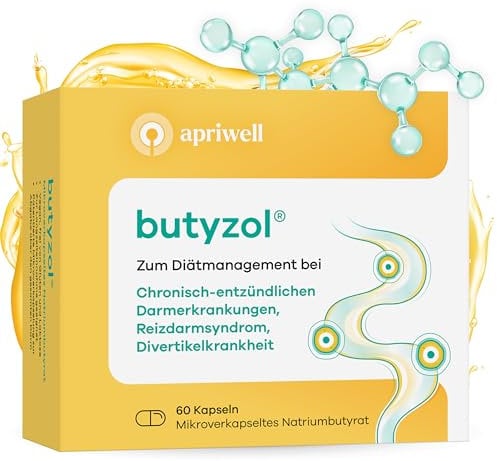 butyzol® | Bei Reizdarmsyndrom, Divertikelkrankheit, Morbus Crohn, Colitis ulcerosa (1) | klinisch belegte Wirksamkeit (2) | Patentiertes, mikroverkapseltes Butyrat | 60 Kapseln