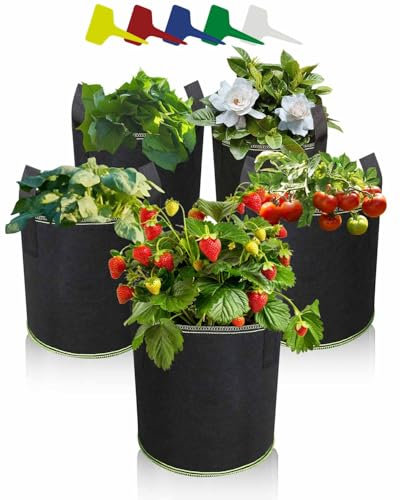 Trongle 5 Stück 20L Pflanzsack, Kartoffelsack mit Griff & 5 Pflanzenetiketten, Stofftöpfe aus Vliesstoff, Wiederverwendbare Pflanzbehälter für Kartoffeln, Blumen, Obst, Gemüse, 5 Gallonen