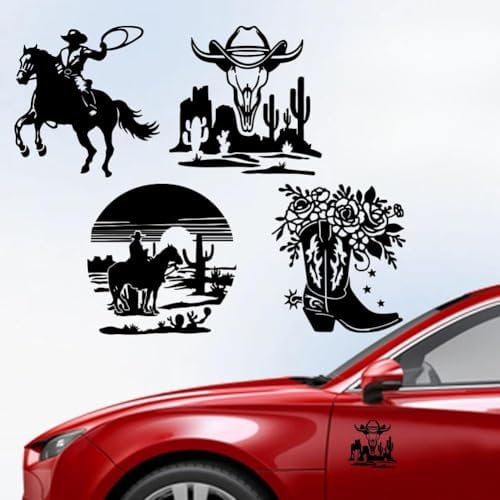 Hobbspring 5Pcs Western Cowboy Car Stickers 14.8x15.5cm Cowboy Boots and Horse Vinyl Car Decals Western Scenery Plastic Vehicle Decoration Decal for Auto Window and Body Cling