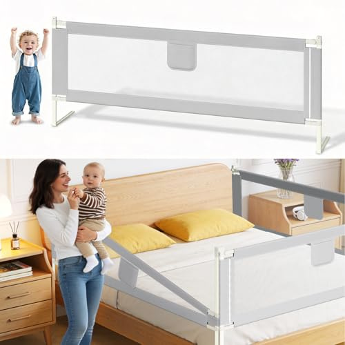 Jaxguom Bettgitter 180cm, Bettgitter Rausfallschutz Bett Höhenverstellbar 64-96cm, Bettschutzgitter Kinderbettgitter mit Luftiges Netz für Kinder & Elternbetten, Grau