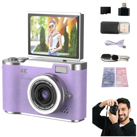 4K Foldable Screen Student Camera, Point and Shoot Digital Cameras with 32GB TF Card, Portable Camera FHD 48MP 4K Digital Camera with 8X Zoom Anti-Shake with Flip Screen (Purple, Camera Kit)