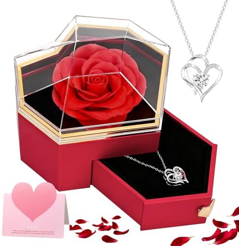 Rosa Eterna Stabilizzata Regalo Donna per Fidanzata Festa Della Mamma, Scatola Regalo a Forma di Cuore con Fiori Eterna e Collana, Regali San Valentino, Anniversario per Lei, Compleanno, Moglie -Rosso