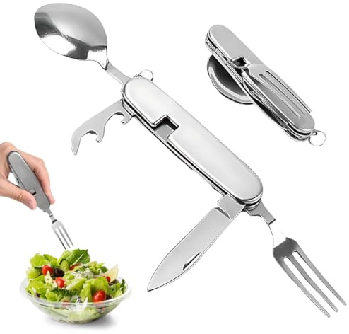 GILWUMO 1 Set Posate Pieghevole, Utensile 4-in-1 Con Coltello, Forchetta, Cucchiaio E Apribottiglie, Ideale Per Viaggio, Picnic, Campeggio E Attività All'aperto.