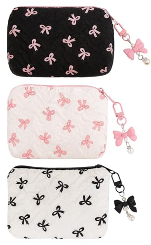 3 Stück Kosmetiktasche Klein mit Eleganten Schleifen, Mini Kosmetiktasche für Handtasche, Schminktasche Klein, Make Up Tasche, 30 X 14 cm