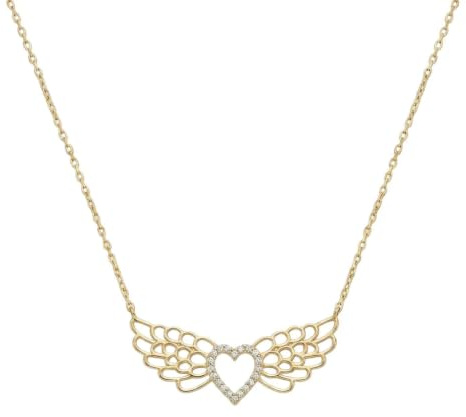Suzan Gold® 375 Echtgold Halskette Damen mit Flügel Herz Anhänger und Zirkonia, romantisch elegant für Alltag und besondere Anlässe, wasserfest nickelfrei Geschenkidee – Angelique Heart