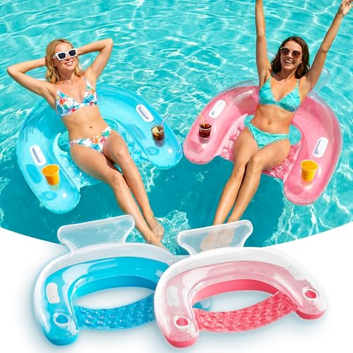 SOLAVERO Aufblasbare Poolsessel für Erwachsene, 2er Schwimmende Pool Luftmatratzen, Wasserhängematte mit Getränkehalter & Griff, Robuster Schwimmstuhl mit Kopfstütze für Pool, Strand, Sommerparty