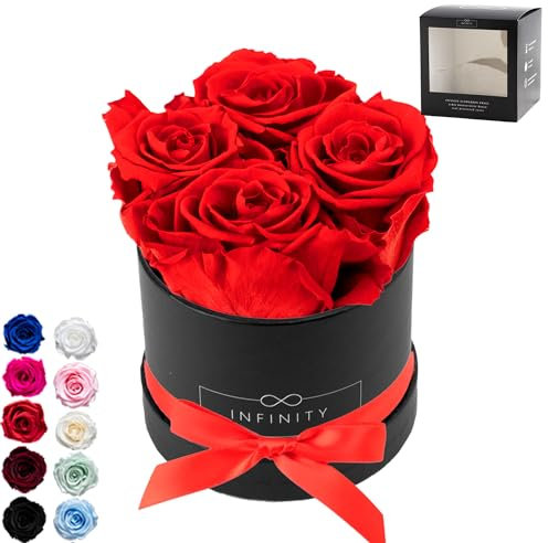 Infinity Flowerbox - 4 echte Infinity Rosen (3 Jahre haltbar ohne Wasser) - Direkt mit Geschenkverpackung geliefert I Handgefertigt in Berlin I Geschenk für Frauen (Rote Rosen mit schwarzer Rosenbox)