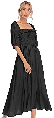 R.Vivimos Women Square Neck Puff Sleeve Boho Midi Dress | Off Shoulder,Backless,Elastic Smock Bust,Empire Waist,Floral,A Line,Casual,Beach,Milkmaid,Vacation,Peasant,Party,Long Dresses