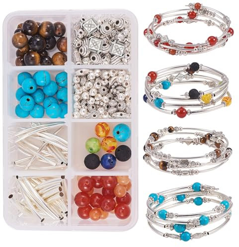 SUNNYCLUE 1 Box 4 Strands Memory Wire Bracelet Making Kit Include 1 Strand Healing Crystal Chakra & 3 Beaded Memory Wire Bracelets, Adjustable Supplies for Women Adults
